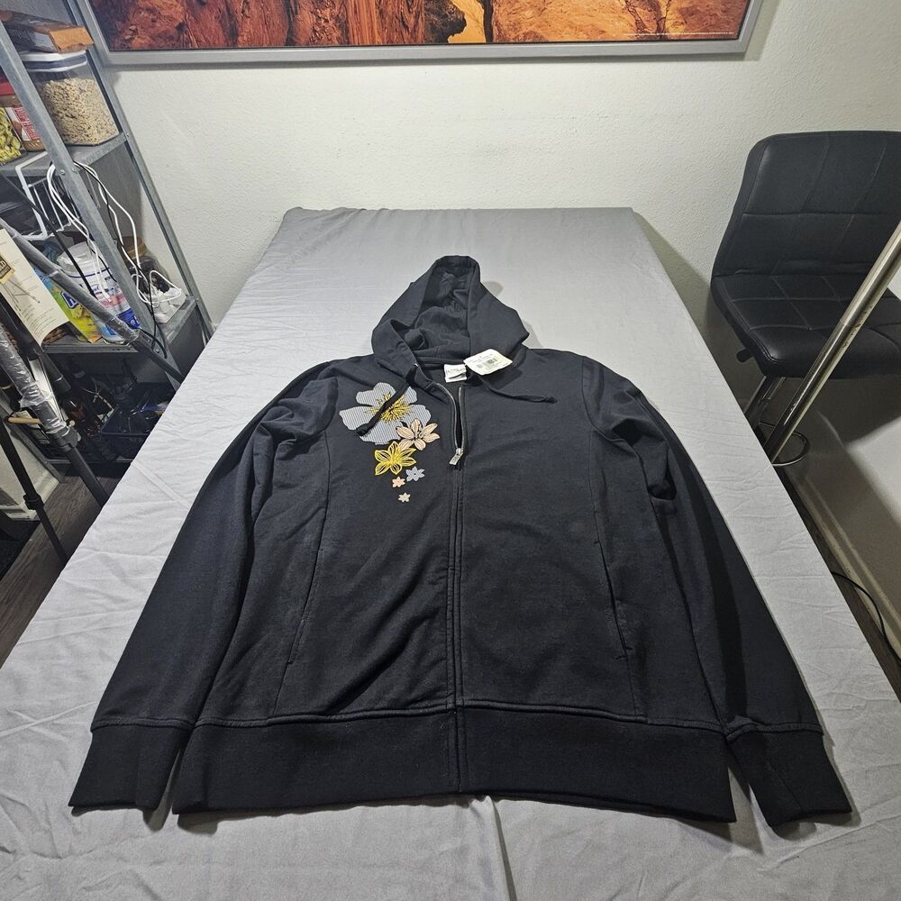 Crazy Shirts Hawaii Hoodie Womens L Large Black Floral Full Zip Sport Pua...